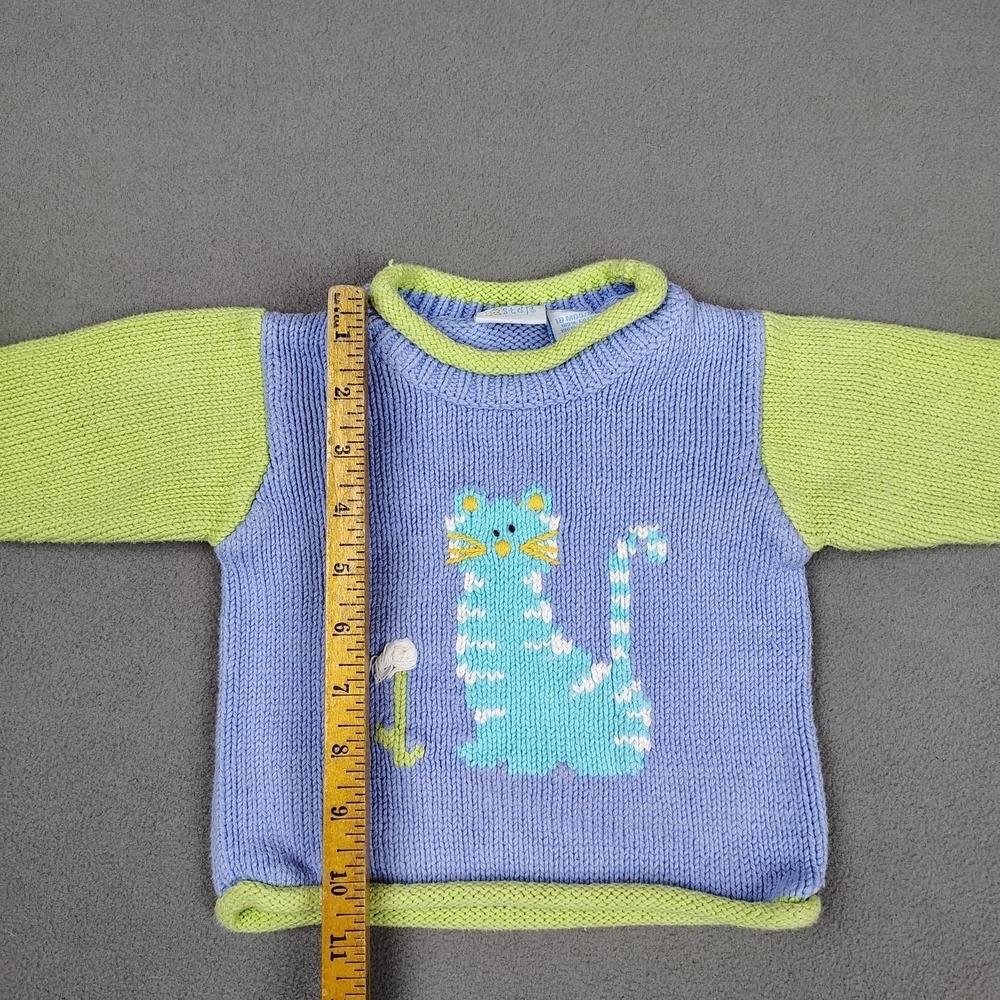 Vintage Knit Kitty Cat Sweater Baby 18 Months Purple Green Cotton Cute Roll Neck - Picture 6 of 8